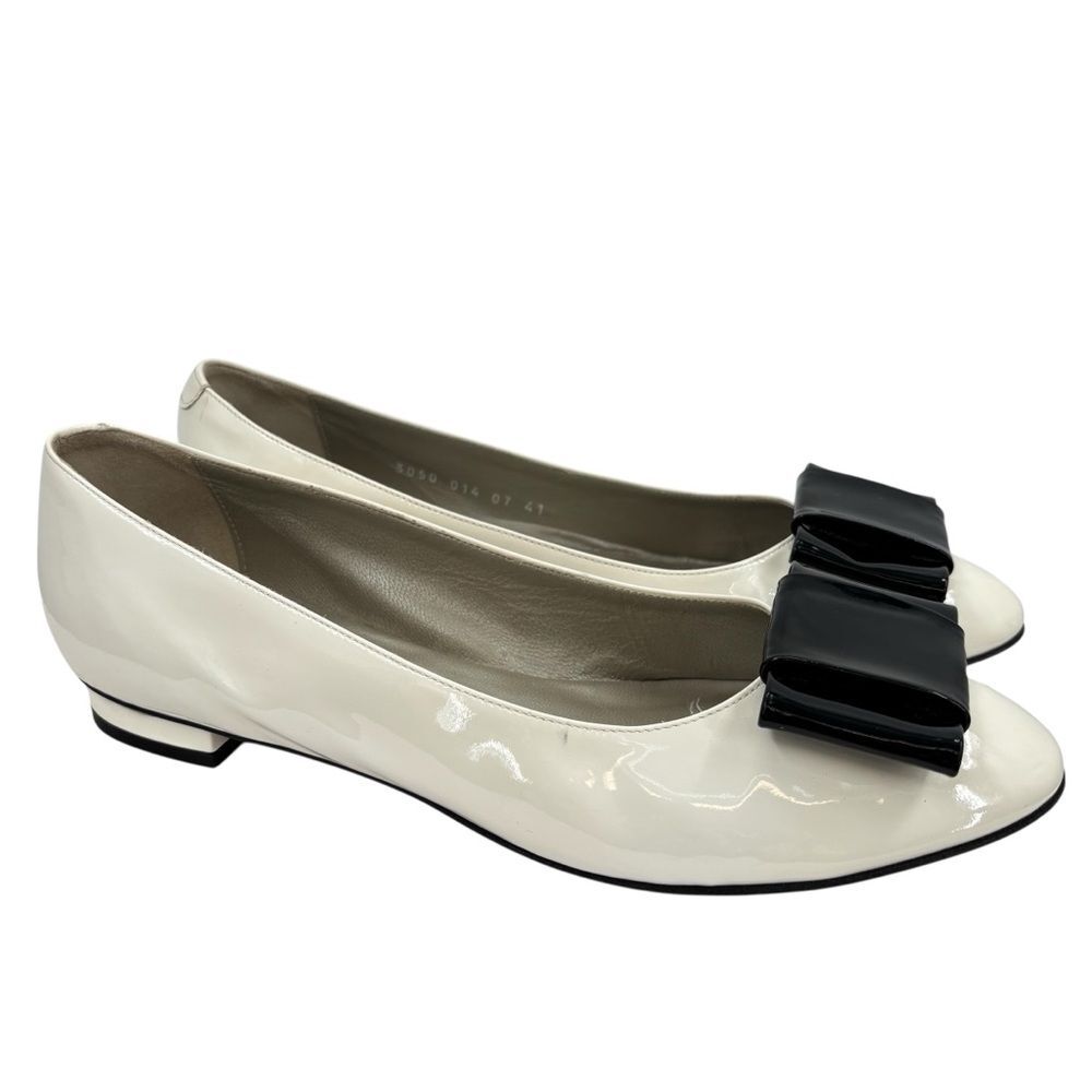 Voltan Patent Leather Bow Flats Black White Sz. 10.5/41 - Picture 2 of 8
